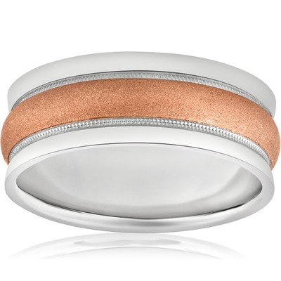 8mm Wide Mens Two Tone 14k White & Rose Gold Brushed Wedding Ring