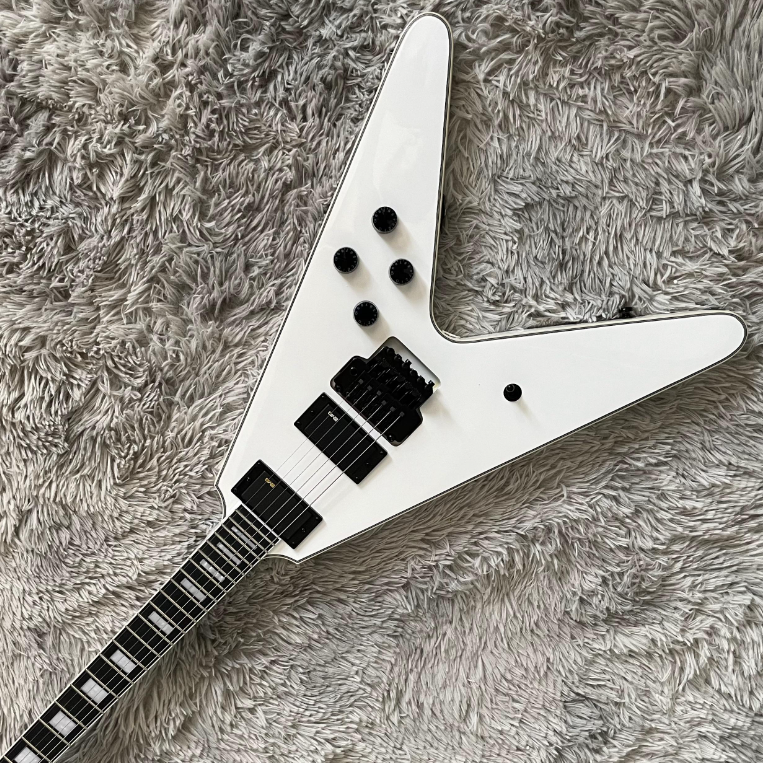 White Flying V Electric Guitar Solid Black Fretboard FR Bridge