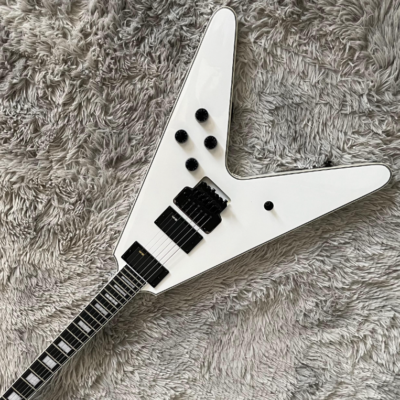 White Flying V Electric Guitar Solid Black Fretboard FR Bridge