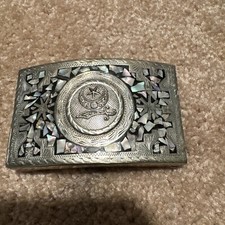 VINTAGE SILVER BELT BUCKLE ALPACA MEXICO ABALONE SHELL INLAY Mosaic Star Sword