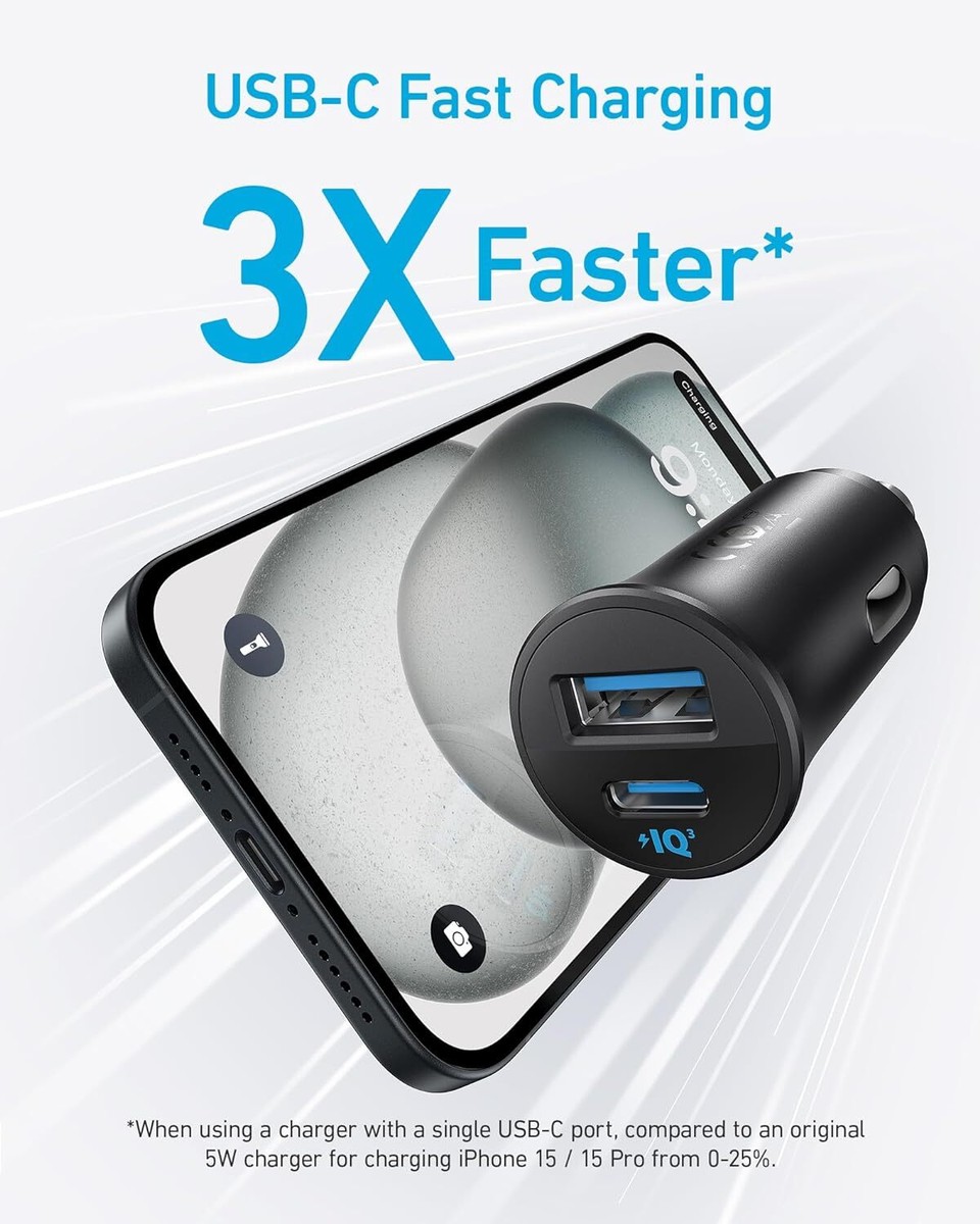 Anker USB-C Car Charger 30W 2-Port Type-C Adapter PowerIQ for