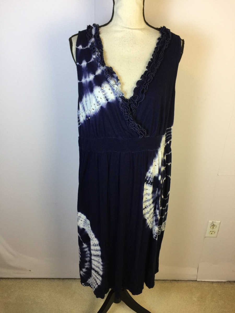 INC International Concepts Wrap Tank Dress 3X Womans Navy Tie Dye Ruffle  Rayon
