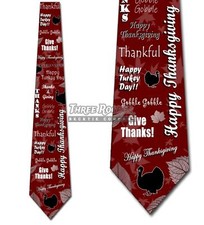 Happy Thanksgiving Turkey Leaves Collage- Maroon - Mens Tie New