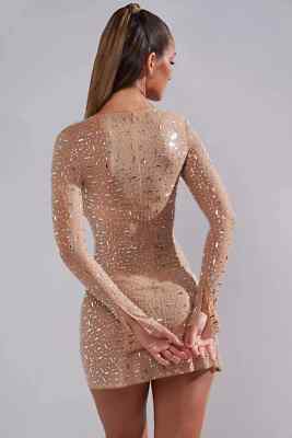 Oh Polly ZETA Sheer Embellished Long Sleeve A-Line Mini Dress in Almond UK  10