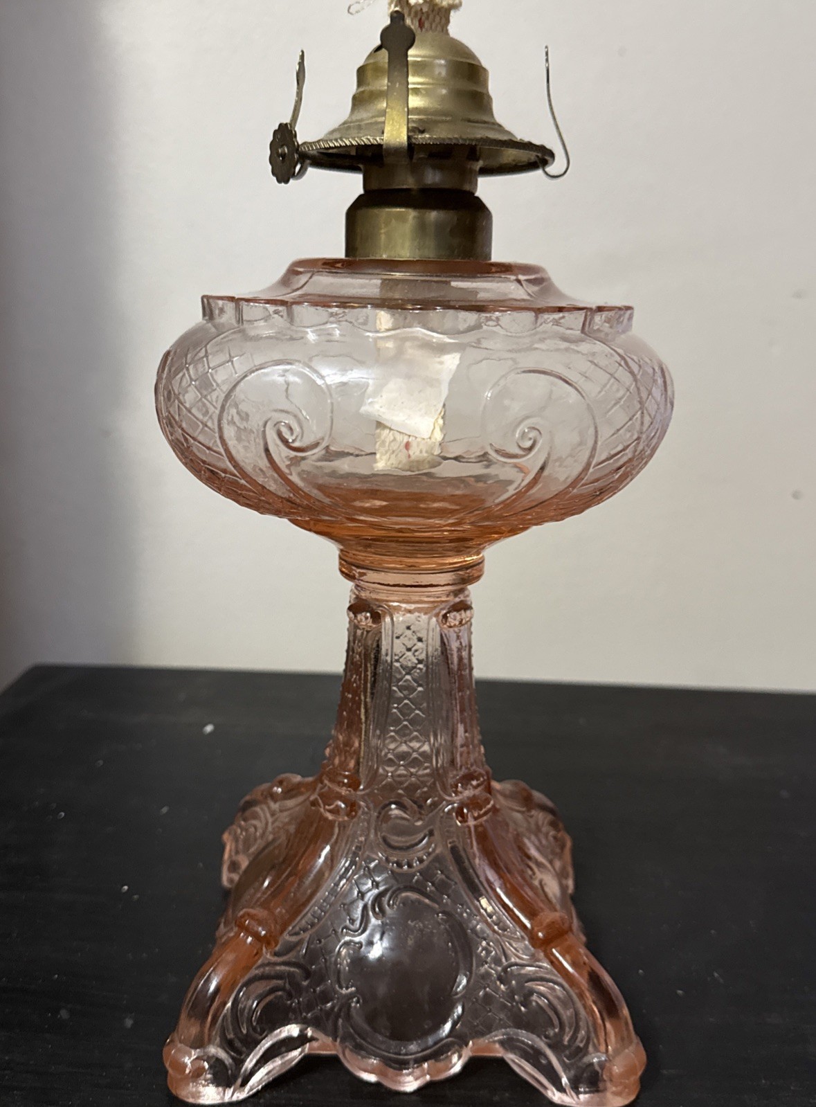 B&P Lamp Princess Feather Pattern, Kerosene Lamp With Pink  Glass Font