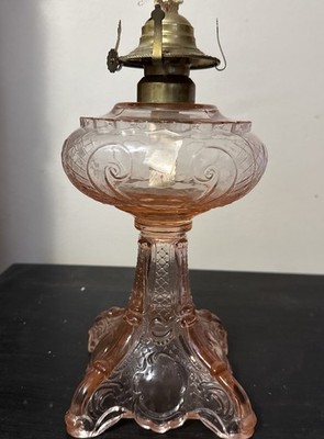 B&P Lamp Princess Feather Pattern, Kerosene Lamp With Pink  Glass Font