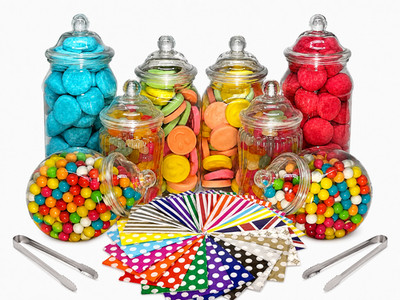 8 verschiedene Kunststoff Süßigkeiten Gläser 2 Zangen 50 Beutel ZWEI ARTEN DECKEL Süßigkeiten Buffet