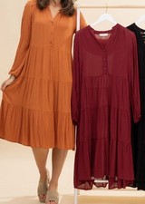 Rokoko Burgundy Midi Dress S Long Sleeve V-Neck Button Tiered A-Line 100% Rayon