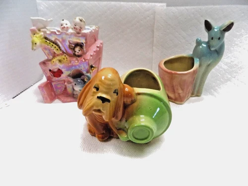 3 VTG PLANTERS POTTERY FLOWER POT  SHAWNEE Dog Deer Circus USA Japan