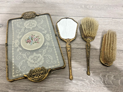 Vintage Englisch Petit Point Filigran Schminktisch Waschtisch Set Spitze Tablett