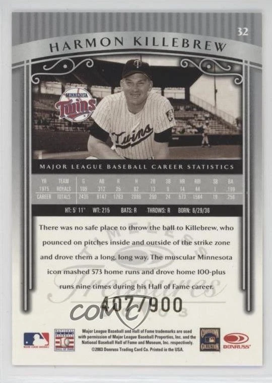 2003 Donruss Timeless Treasures /900 Harmon Killebrew #32 HOF - Image 2 of 2