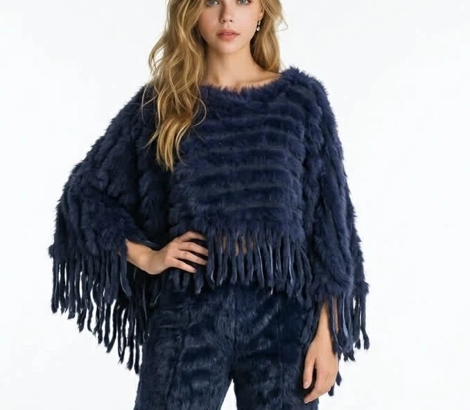 Navy Blue Faux Fur Poncho Cape Fringe Women’s One Size Soft Cozy Wrap