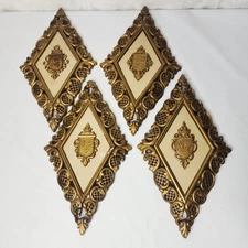 Vtg Set of 4 HOMCO Syroco Diamond Shaped Medieval Wall Plaques Design Gold