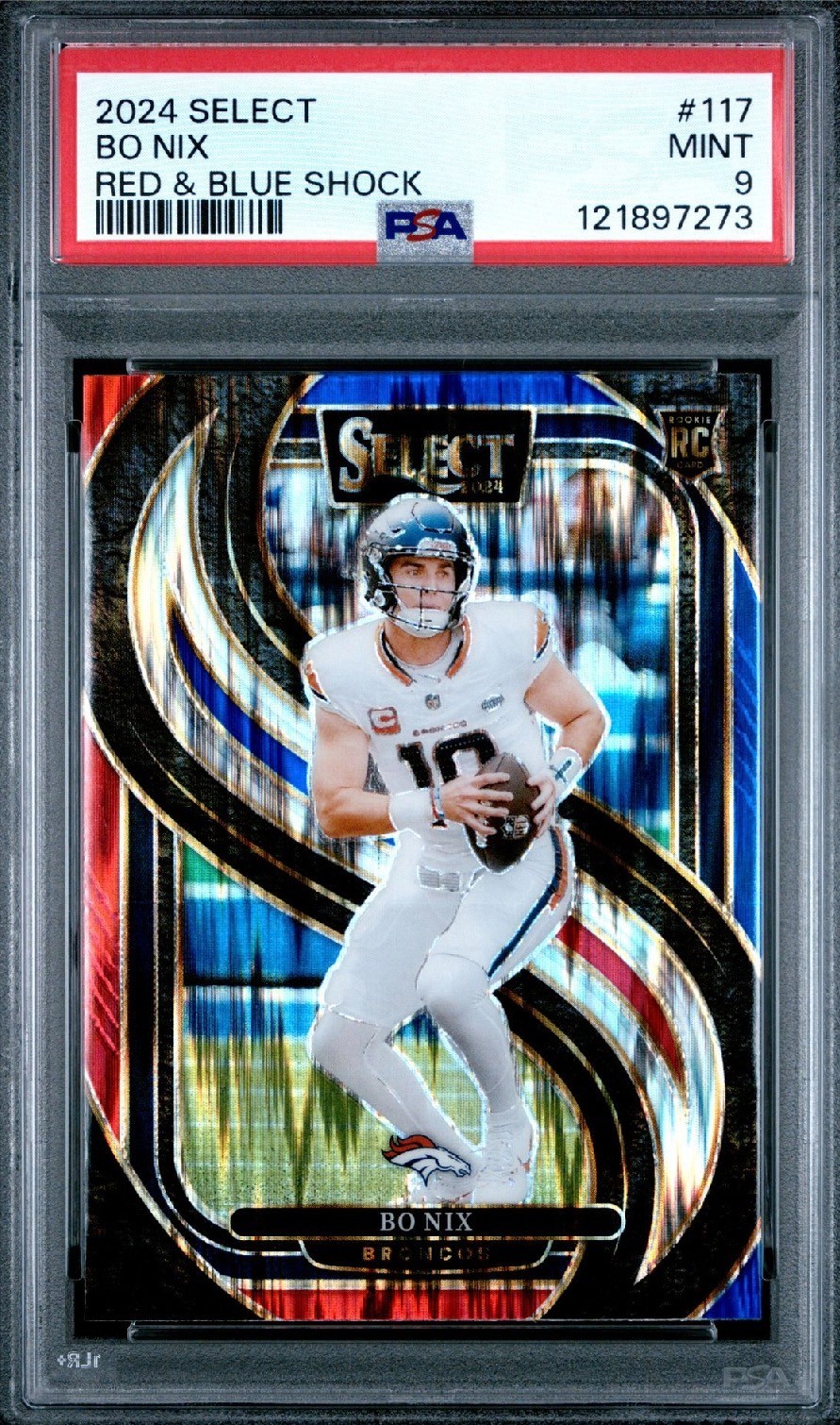 Bo Nix 2024 Panini Select Premier Level Red & Blue Shock Prizm #117 PSA 9 RC