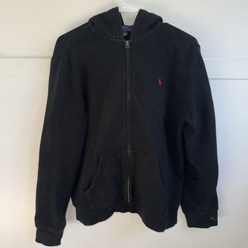 Polo Ralph Lauren Hoodie Youth XL Black Full Zip Red Pony Logo Sweatshirt Fleece