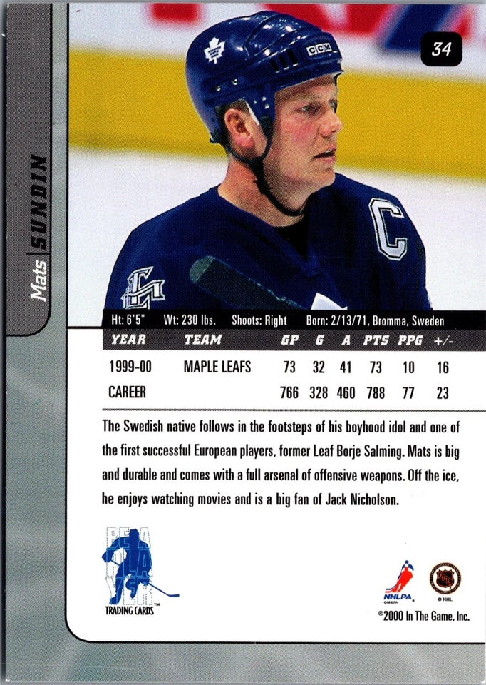 2000-01 BE A PLAYER SIGNATURE SERIES #34 MATS SUNDIN TORONTO MAPLE LEAFS - Image 2 of 2
