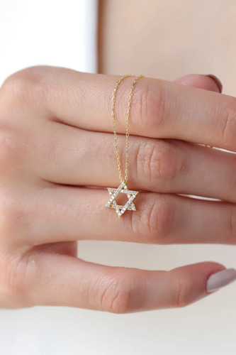 Star of David Pendant Lab Created Diamond Charm With 18 " Chain in 14K Gold Over