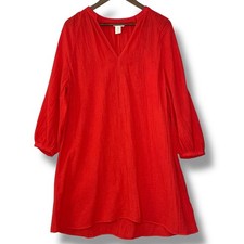 H&M S Dress Double Weave Tunic Red Orange Poppy Gauze Crepe Valentine Romantic