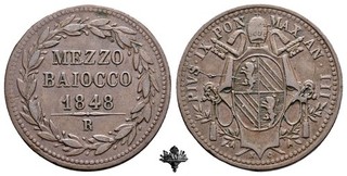 PONTIFICAL STATE Rome Half Bayocco 1848 RARE Pope Pius IX year III