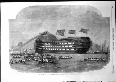 Original alter antiker Druck Launch Queen Three Deck Marlborough Portsmouth 1855