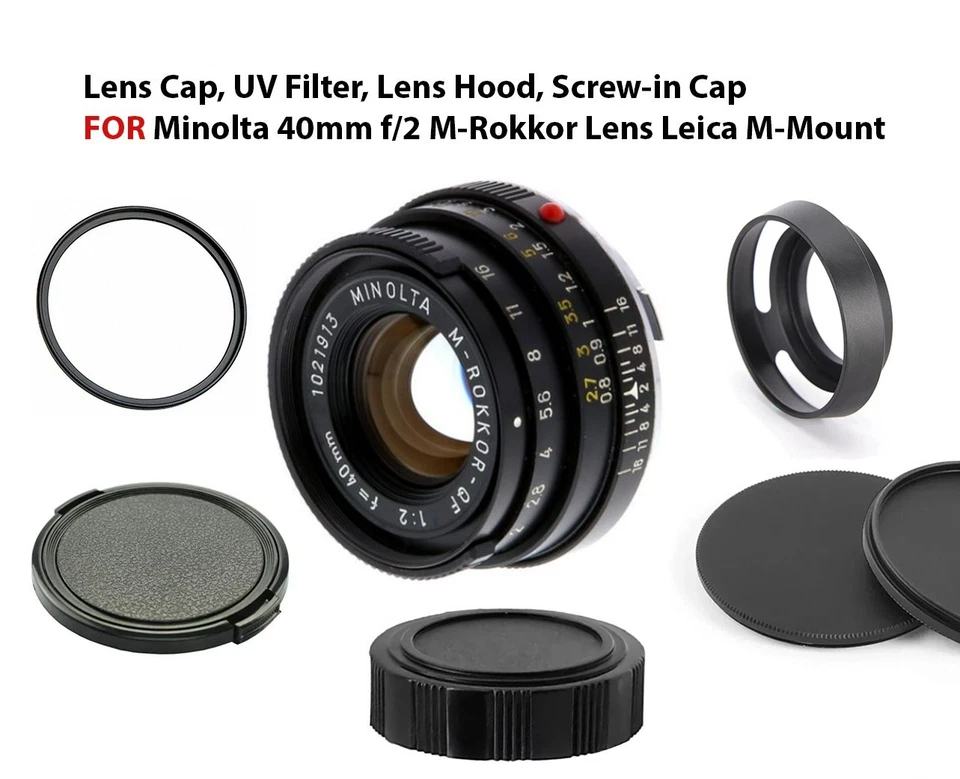 3STUFF Minolta 40mm f/2 M-Rokkor Lens Leica M-Mount - Cap, UV Filter, Hood Shade, Screw