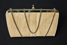 Vintage Real Crocodile Clutch Made in England Tan Gold Frame Convertible Chain