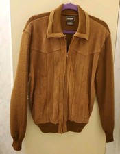 Vtg 1970s Campus Brown Sweater Jacket Suede Leather Zip Up Pockets Great Cond.