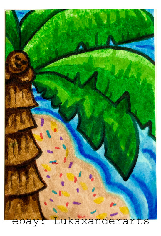 ACEO Original Beach Tropical Palm Tree Nature Coconut Mermaid Mini Art Drawing