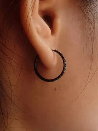 1CT Round Cut Created Black Onyx Women Hoop Huggie Earrings 925 Sterling Silver - Picture 2 of 5