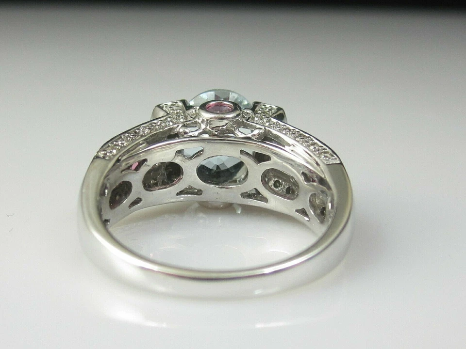 Anillo de boda único de diamantes y turmalina rosa aguamarina de 2 quilates de oro blanco de 14 quilates Foto 3 de 4