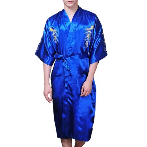 Men Satin Chinese Dragon Kimono-Silk Bathrobe Pajamas Sleepwear Gown Bath Robe - Imagen 39 de 52