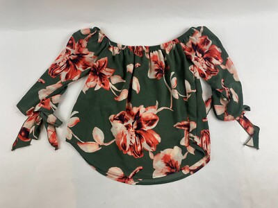 Emory Park Blouse Women's Size S Floral Cropped Off Shoulder Tie Ribbon Sleeve