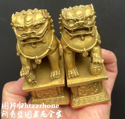 Pair Chinese Brass Lion Statue Evil Guardian Door Fu Foo Dog Feng Shui ...