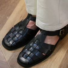 Retro Roman Style Knit Formal Closed Toe Sandals Buckle Real Leather Men's Shoes