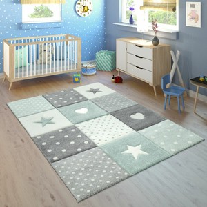 Kinderteppich Kinderzimmer Kariert Punkte Herzen Sterne In Pastell Grun Grau Ebay