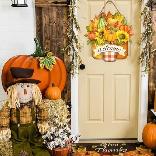 Pumpkin Welcome Door Sign Decor Hello Fall Door Sign Autumn 12inch Orange - Image 3 of 4