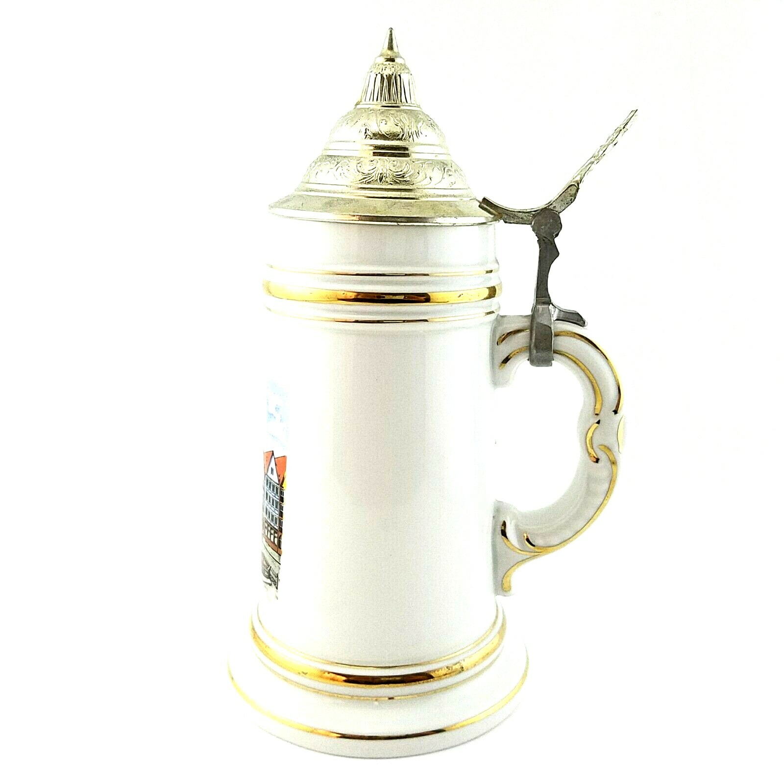 Vtg DBGM German Beer Stein Pewter Lid FRANKFURT Crest City Scene 76