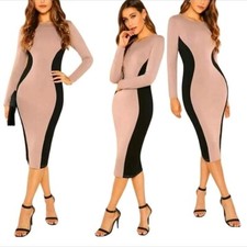 Women's Contrast Panel, Black - Beige Bodycon Dress, Medium NEW FREE P&P