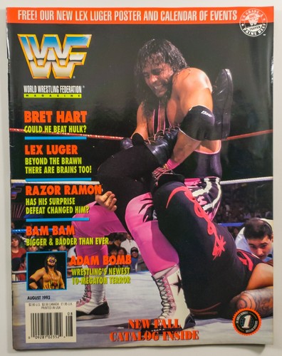 WWF MAGAZINE August, 1993 GOOD w/Inserts Bret Hart (Cover)/Lex Luger/Razor Ramon