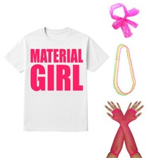 LADIES 80'S MATERIAL GIRL TSHIRT SET NEON FISHNET GLOVE LACE COSTUME FANCY DRESS