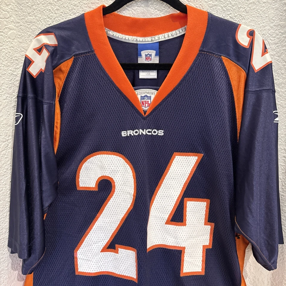 Camiseta De Colección Denver Broncos Champ Bailey #24 NFL Reebok Azul Naranja Para Hombre Grande Foto 2 de 4