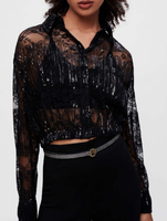 Maje Damen Hemd Schwarz Pailletten Spitze Cropped Gr. 2 M MFPCM00372