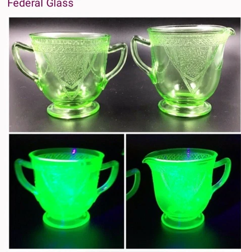 Vintage Federal Glass Georgian Green Cream & Sugar Bowl Uranium Glass EUC