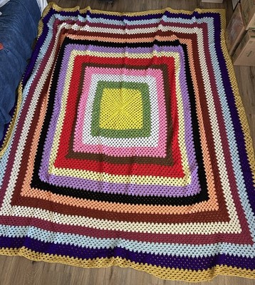 Big 1970 s Crochet Bright Rainbow Afghan Knitted Blanket 9 x9  Handmade Vintage
