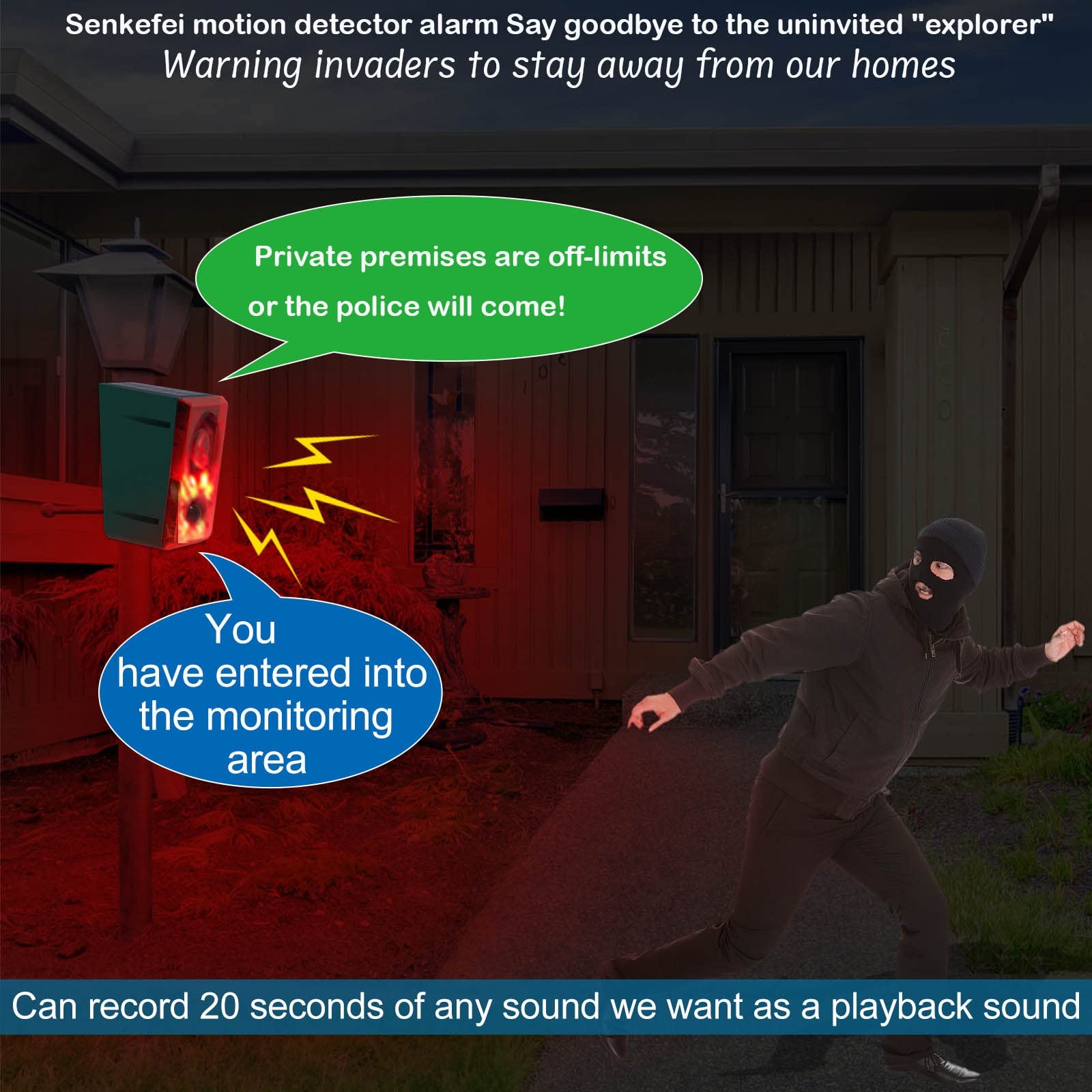 Solar Outdoor Motion Sensor Alarm - Dog Barking & Gunshot Sound 130db Motion ...