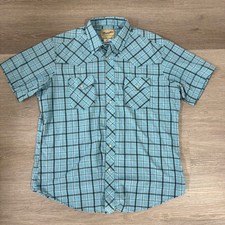 Wrangler Western Shirt Mens XL Blue Plaid Pearl Snap Short Sleeve Cotton Blend