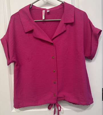 Pink Victoria Secret Button Up Collared Blouse Short Sleeve Size M Drawstring