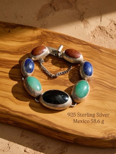 🌞 Vintage Mexican Gemstone Sterling Silver Bracelet  58.6 Grams 925