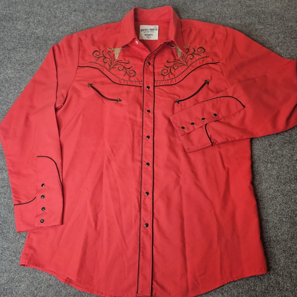 Rafael Amaya By Rangers Western Shirt Size XL Snap Front Embroidered Bulls Red - Image 2 of 4
