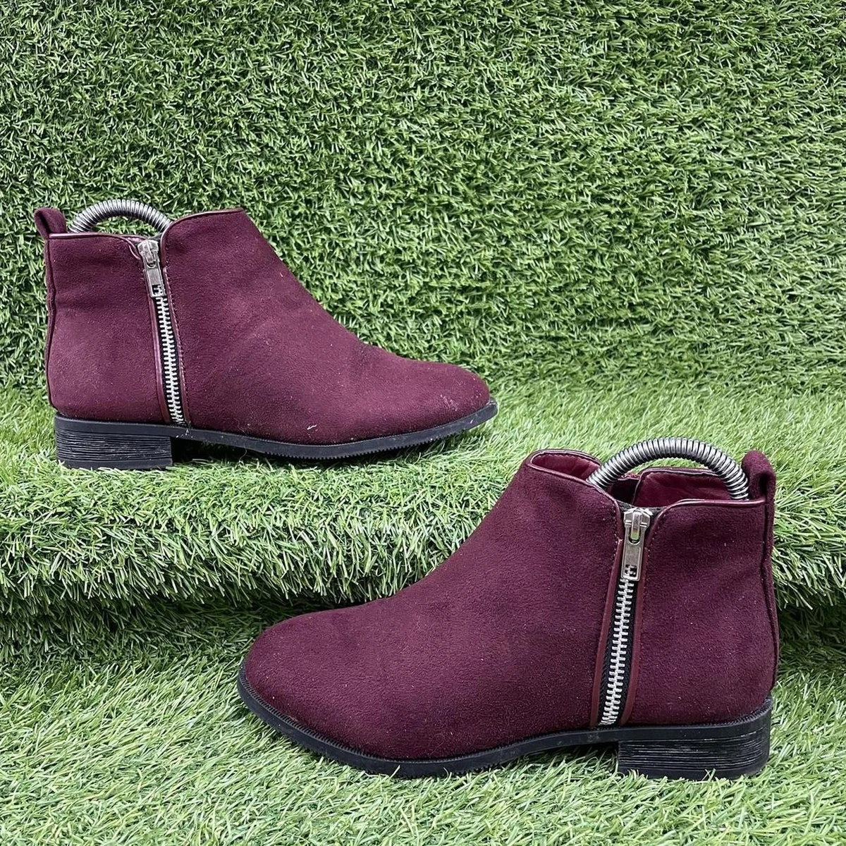 LOVE MY BOOTS BURGUNDY SUEDE CHELSEA BOOTS ZIP SIDE LOW HEEL Y2K Size UK 3